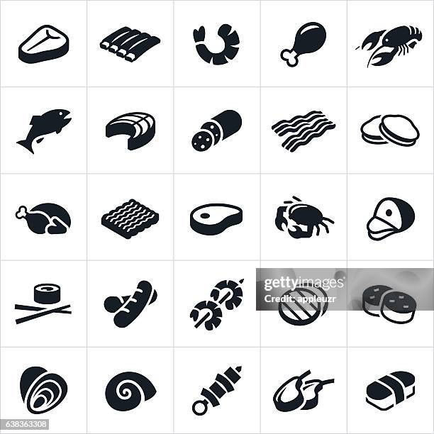 stockillustraties, clipart, cartoons en iconen met meats and seafood icons - fish