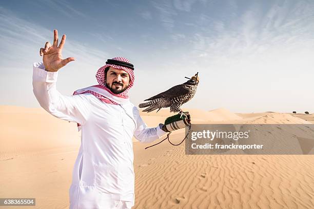 arabic sheik on the desert holding a falcon - falcon stock pictures, royalty-free photos & images