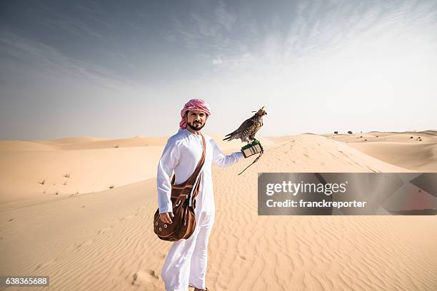 arabischer scheich in der wüste, der einen falken hält - falcon bird stock-fotos und bilder