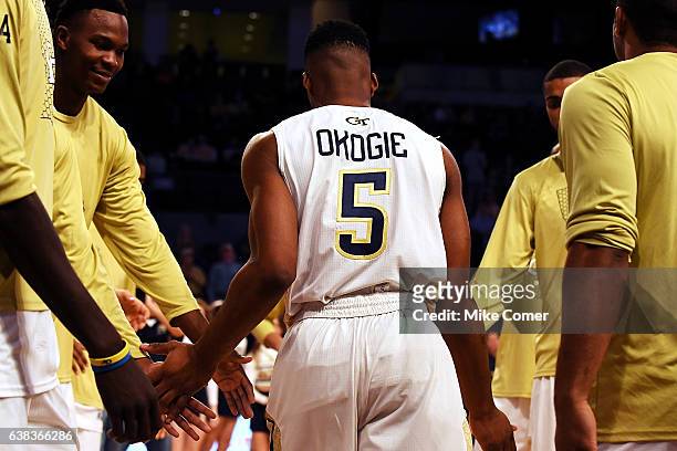 Josh Okogie of the Georgia Tech Yellow Jackets takes the floor prior to the start of the Yellow Jackets' game against the Louisville Cardinals at...