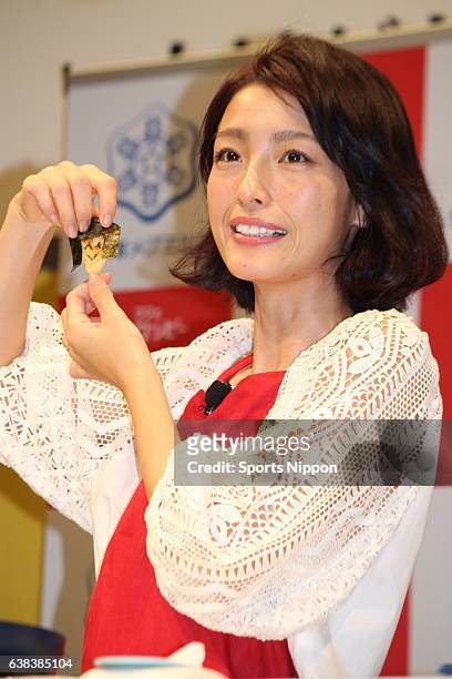 Personality Yukina Kinoshita attends the Yukijirushi Meg Milk press conference on November 11, 2016 in Tokyo, Japan.