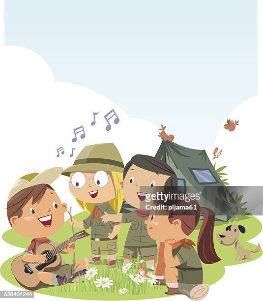 scout children - girl scout camp stock illustrations