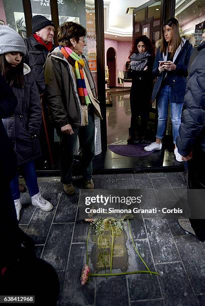 German artist Gunter Denming installs the stumbling blocks in Via Acqua Bullicante in Torpignattara in front of the house of partisan Valerio...