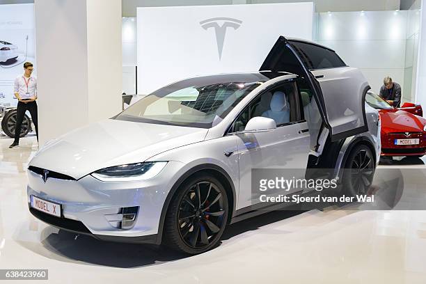 tesla model x p90d full electric luxury crossover suv car - european motorshow stock pictures, royalty-free photos & images