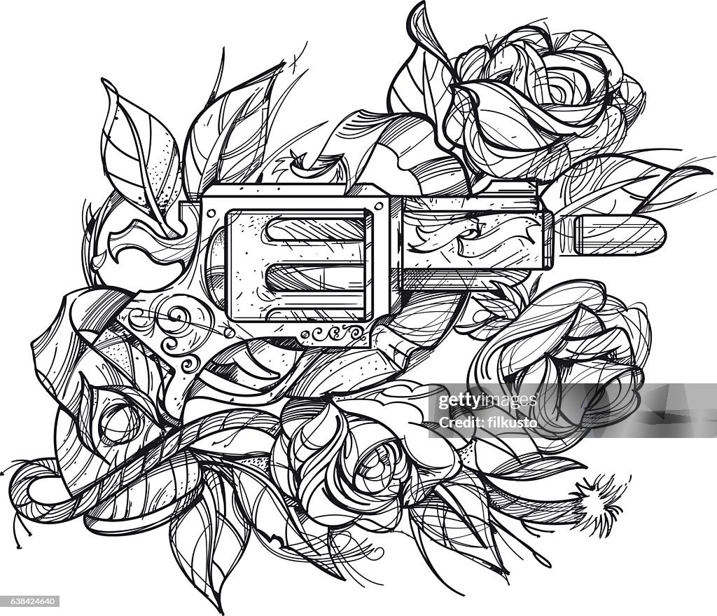 Gun Engravings Roses Gun And Roses Tattoo Hand Drawing Style Picture For Coloring High-Res ...