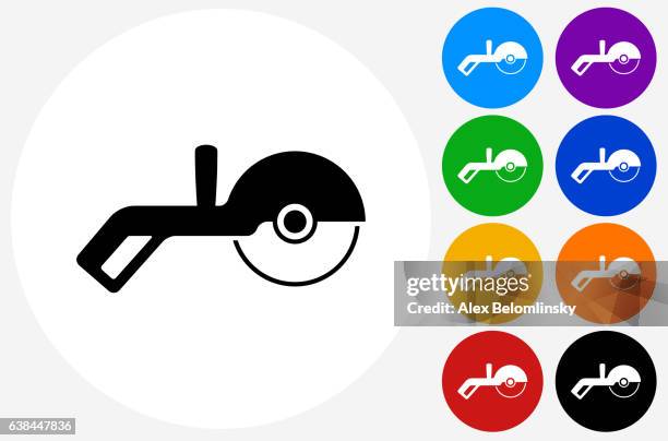 saw tool icon on flat color circle buttons - using circular saw stock illustrations