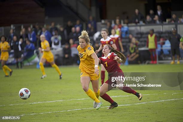 Julia Bingham of the University of Southern California and Hannah Abraham of West Virginia University battle for the ball during the Division I...