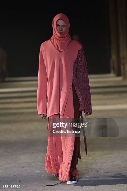 Model walks the runway at Sulvam Show during Pitti Uomo 91 on January 12, 2017 in Florence, Italy.