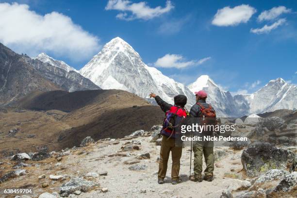 trekkers viewing nepal himalayas - tour guide stock pictures, royalty-free photos & images
