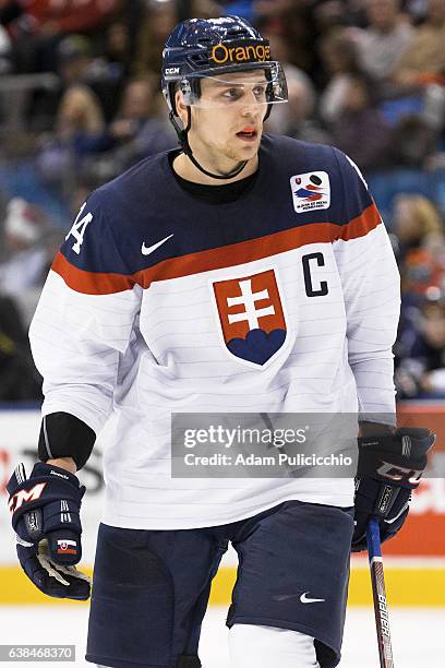 Captain defenseman Erik Cernak of Team Slovakia skates against Team Russia in a preliminary round - Group B game during the IIHF World Junior...