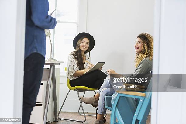 man interrupting women in meeting - on the outside looking in stock pictures, royalty-free photos & images