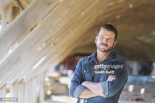 mature man standing in barn - concerned farmers stock pictures, royalty-free photos & images