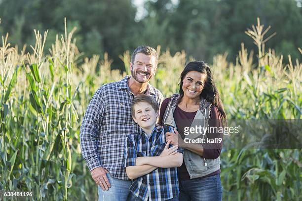 family with teenage son on a farm by corn field - three people portrait stock pictures, royalty-free photos & images