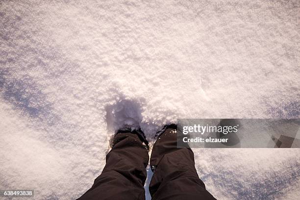 standing on snow - pov shoes stock-fotos und bilder