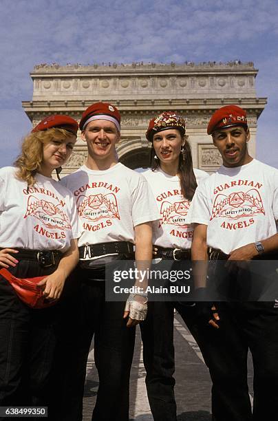 Lisa Sliwa with the Guardian Angels in front of the Arc de Triomphe in August 1989 in Paris, France.