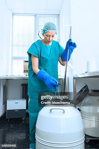 scientist storing a sample in a canister - liquid nitrogen stock pictures, royalty-free photos & images