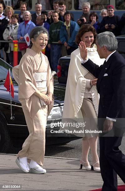 Emperor Akihito, Empress Michiko of Japan and Queen Silvia of Sweden are seen on arrival to attend the 'Gagaku' Japanese traditional music...