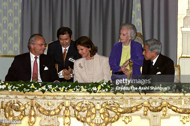 King Carl XVI Gustaf, Queen Silvia of Sweden and Emperor Akihito of Japan enjoy the 'Gagaku' Japanese traditional music performance at the Royal...