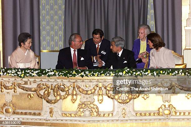 Empress Michiko of Japan, King Carl XVI Gustaf of Sweden, Emperor Akihito of Japan and Queen Silvia of Sweden enjoy the 'Gagaku' Japanese traditional...