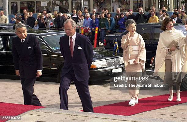 Emperor Akihito of Japan, King Carl XVI Gustaf of Sweden, Empress Michiko of Japan and Queen Silvia of Sweden are seen on arrival to attend the...