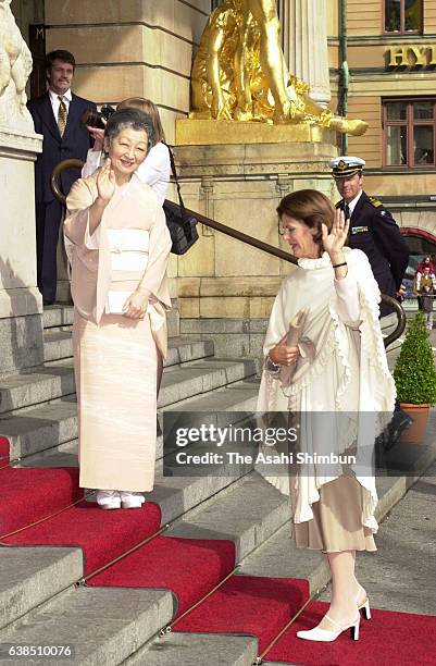 Empress Michiko of Japan and Queen Silvia of Sweden are seen on arrival to attend the 'Gagaku' Japanese traditional music performance at the Royal...