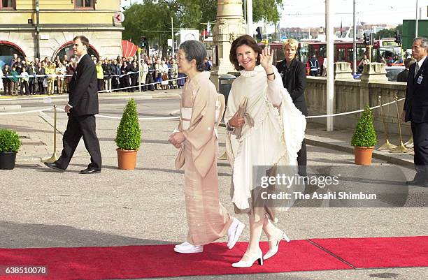 Empress Michiko of Japan and Queen Silvia of Sweden are seen on arrival to attend the 'Gagaku' Japanese traditional music performance at the Royal...