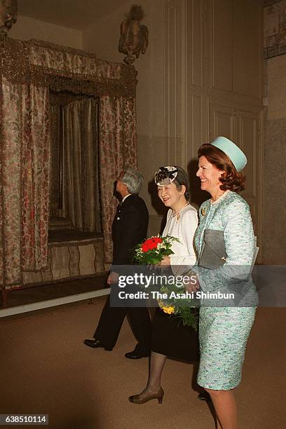Emperor Akihito, Empress Michiko of Japan and Queen Silvia of Sweden visit Gripsholm Castle on May 31, 2000 in Mariefred, Sweden.