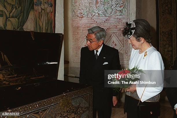 Emperor Akihito and Empress Michiko of Japan visit Gripsholm Castle on May 31, 2000 in Mariefred, Sweden.