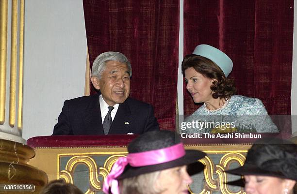 Emperor Akihito and Queen Silvia of Sweden visit Gripsholm Castle on May 31, 2000 in Mariefred, Sweden.