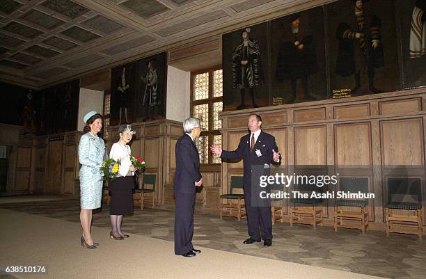 Emperor Akihito, Empress Michiko and Queen Silvia of Sweden are seen during his visit Gripsholm Castle on May 31, 2000 in Mariefred, Sweden.
