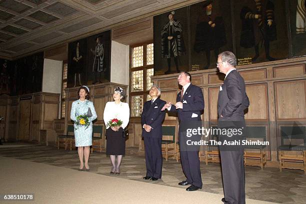 Emperor Akihito, Empress Michiko, King Carl XVI Gustaf and Queen Silvia of Sweden are seen during his visit Gripsholm Castle on May 31, 2000 in...