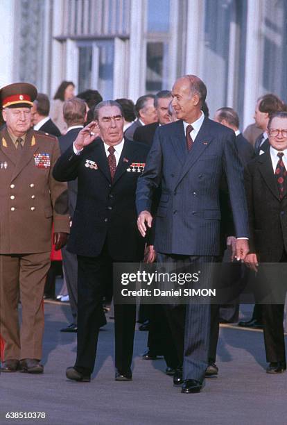 Leonid Brejnev et Valéry Giscard d'Estaing à Moscou, Russie, le 28 avril 1979.