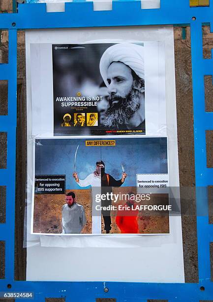 Sheikh Nimr Al-Nimr propaganda billboard in a mosque after his execution by saudi arabia on January 5, 2016 in Isfahan, Iran.