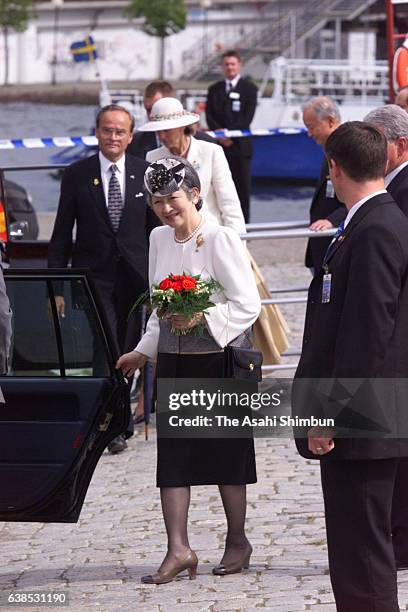 Empress Michiko of Japan is seen after the lunch with King Carl XVI Gustaf and Queen Silvia of Sweden on May 31, 2000 in Stockholm, Sweden.