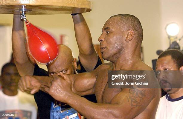 Mike Tyson trains during a media workout on June 4, 2002 at Fitzgeralds Casino and Resort in Tunica, Mississippi.