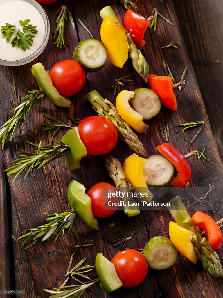 Raw, Rosemary Vegetable Skewers with Dip