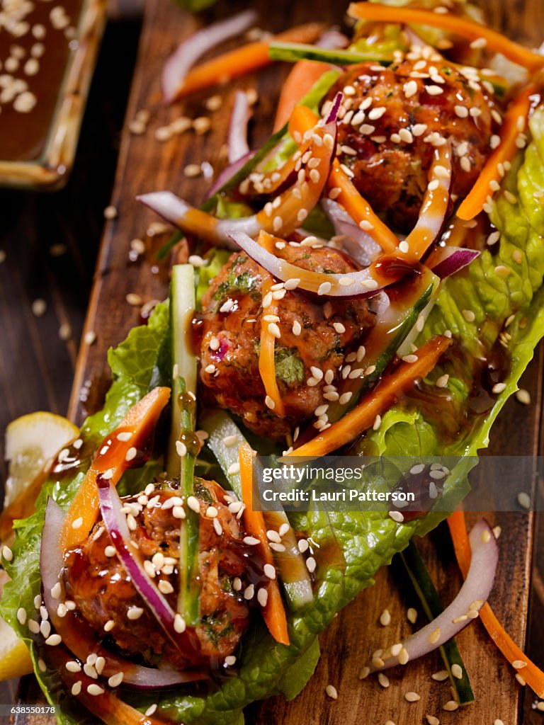 Asian inspired Meatball Lettuce Wrap