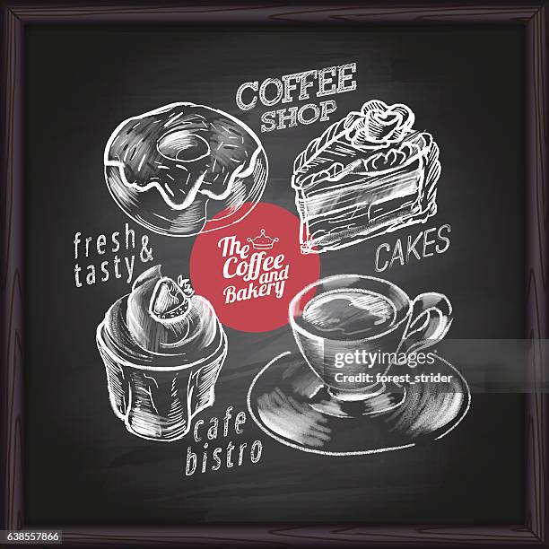 ilustraciones, imágenes clip art, dibujos animados e iconos de stock de menú cafetería y panadería en pizarra - capuccino