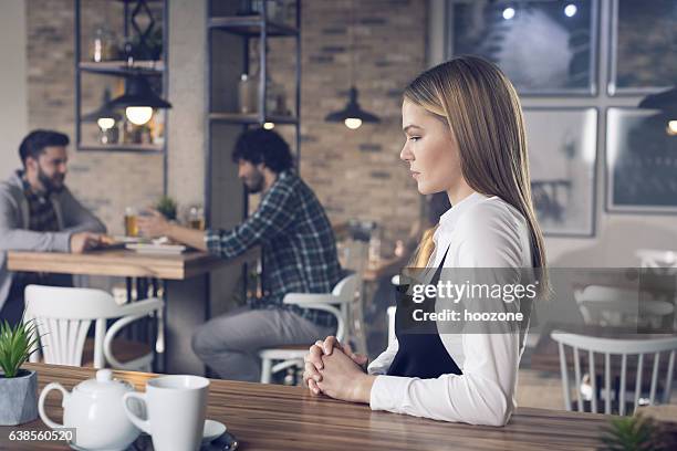 worried at work - overworked waitress stock pictures, royalty-free photos & images
