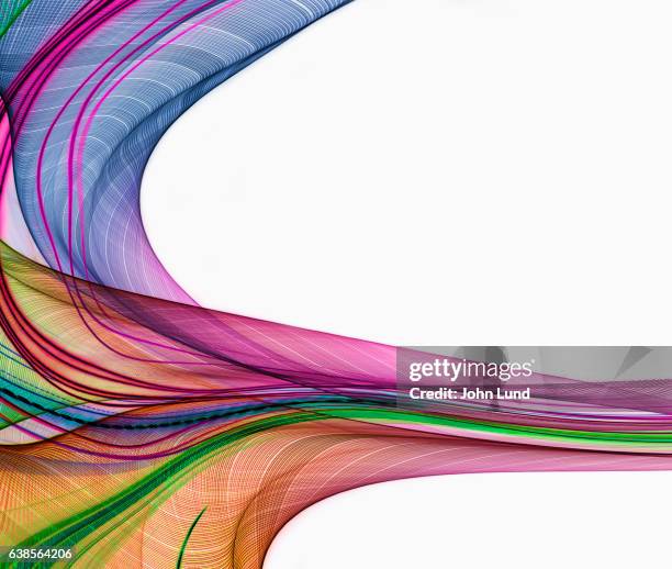 light trails merging on white. - big data white background stock pictures, royalty-free photos & images