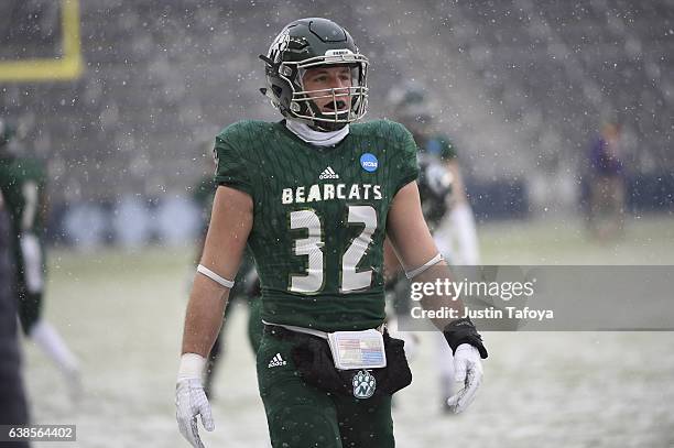 Jordan Grove of Northwest Missouri State University warms-up before the Division II Men's Football Championship held at Children"u2019s Mercy Park on...