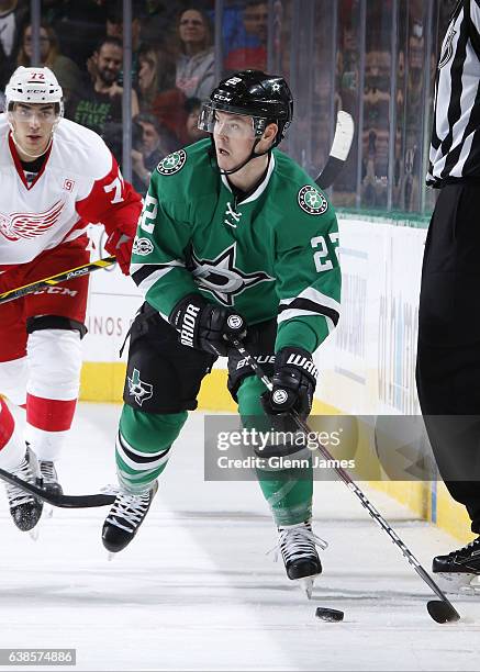 Jiri Hudler of the Dallas Stars handles the puck against the Detroit Red Wings at the American Airlines Center on January 12, 2017 in Dallas, Texas.