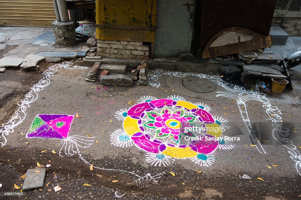 HYDERABAD, INDIA - JANUARY 12,2017 Decorative floral patterns known as Rangoli outside a home on Pongal festival in Hyderabad