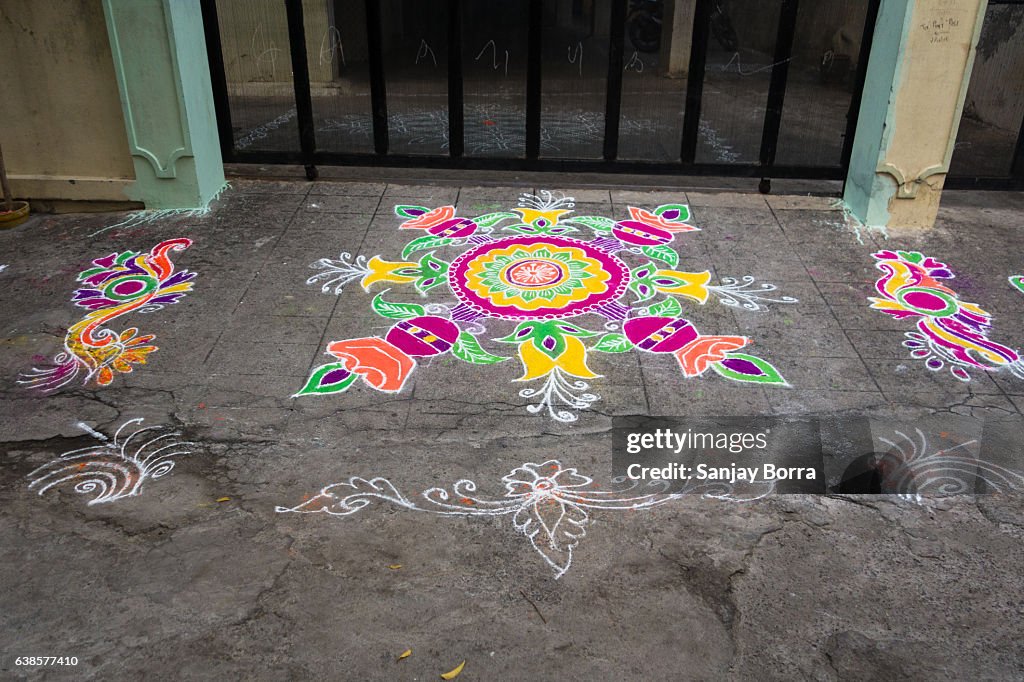 HYDERABAD, INDIA - JANUARY 12,2017 Decorative floral patterns known as Rangoli outside a home on Pongal festival in Hyderabad