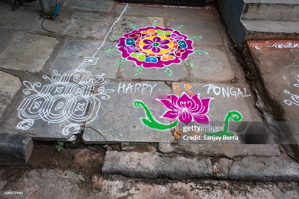 HYDERABAD, INDIA - JANUARY 12,2017 Decorative floral patterns known as Rangoli outside a home on Pongal festival in Hyderabad