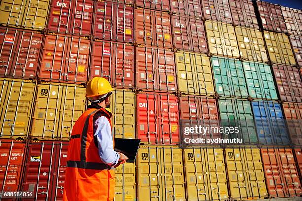 engineer stack of cargo containers - stevedore stevedores stock pictures, royalty-free photos & images