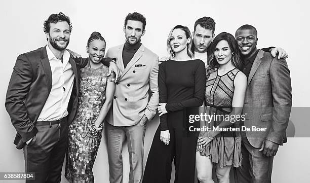 Kyle Schmid, Nondumiso Tembe, Dominic Adams, Brianne Davis, Barry Sloane, Nadine Velazquez and Edwin Hodge from History Channel's 'SIX' pose in the...