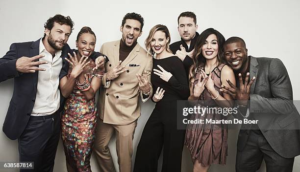 Kyle Schmid, Nondumiso Tembe, Dominic Adams, Brianne Davis, Barry Sloane, Nadine Velazquez and Edwin Hodge from History Channel's 'SIX' pose in the...