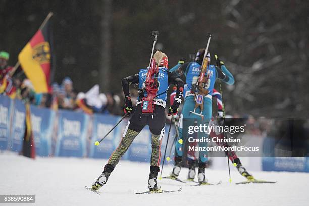 Maren Hammerschmidt of Germany, Anais Chevalier of France, Hilde Fenne of Norway compete during the 4x6 km women's Relay on January 12, 2017 in...