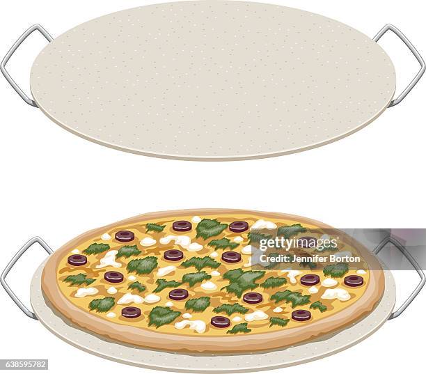 greek pizza on a ceramic pizza stone, side view - feta cheese stock illustrations
